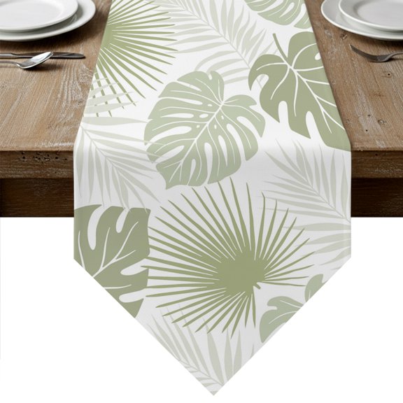 Sage Green Palm Leaves Table Runner Linen Burlap Table Runner 36 Inches Small Tropical Botanical Summer Dresser Scarves for Kitchen Island Coffee Dining Room Party Wedding Holiday Decor 13"x36"