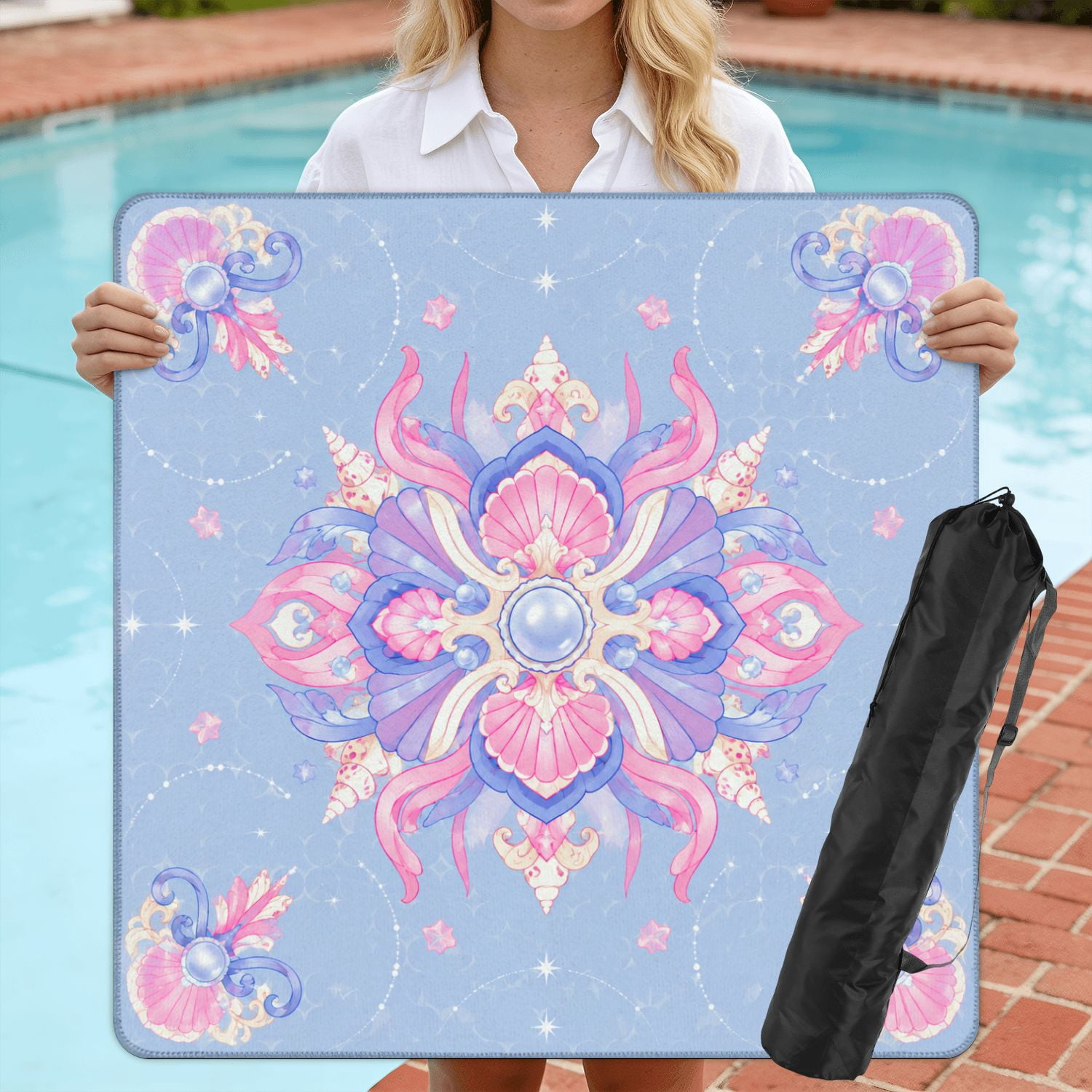 Mahjong Mat 31.5" x 31.5" Pink Ribbon Floral Blue Geometric Non-Slip Noise Reduction American Mahjong Tiles Table Cover for Dominoes Poker Card Board Games Gift