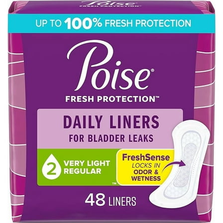 Poise Daily Liners, Incontinence Panty Liners, 2 Drop Very Light Absorbency, Regular Length, 48 Count of Pantiliners