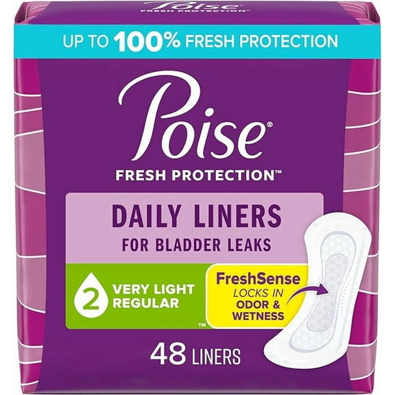 Poise Daily Liners, Incontinence Panty Liners, 2 Drop Very Light Absorbency, Regular Length, 48 Count of Pantiliners