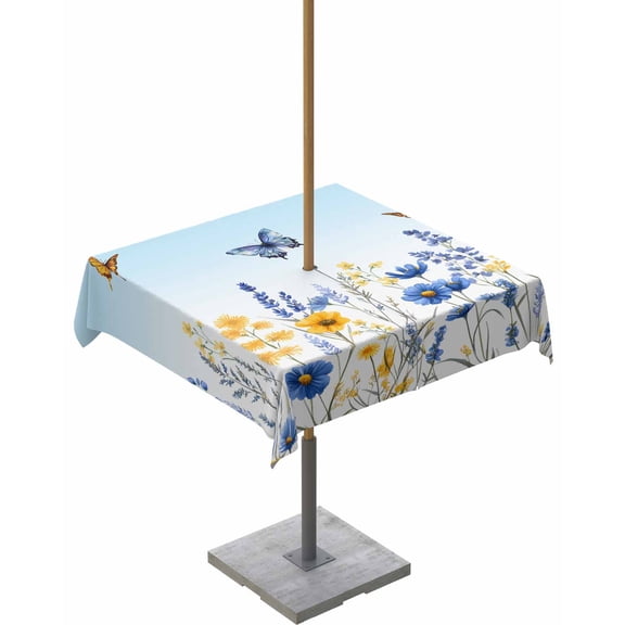 Outdoor Tablecloth with Umbrella Hole for Patio/Picnic/Party/Camping, Spring Floral Waterproof Table Cloth Square Cover Washable, Summer Pastoral Butterfly Botanical 54"x 54"