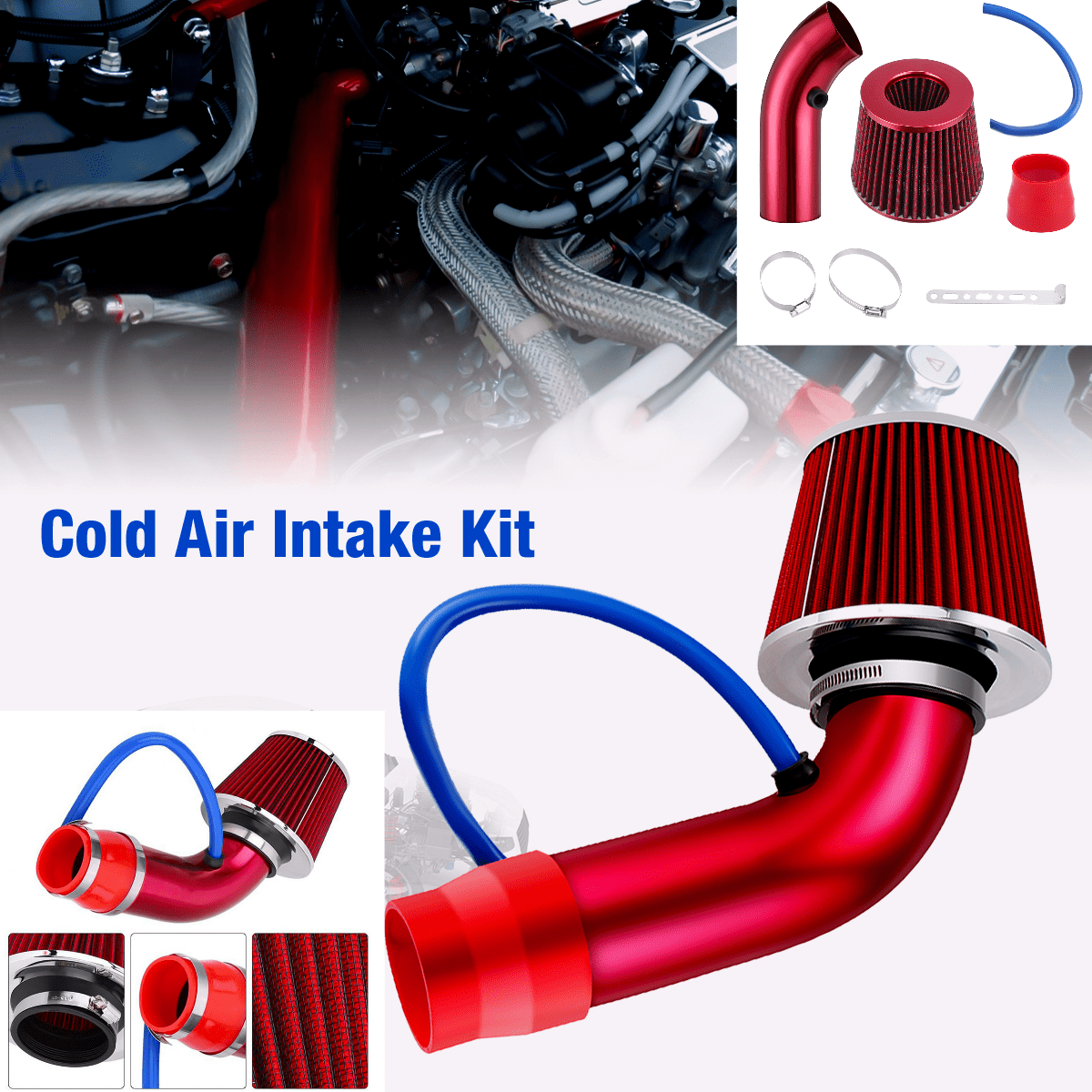 Aluminum Alloy Cold Air Intake Kit Red Pipe Diameter 3 fits for Car Engine