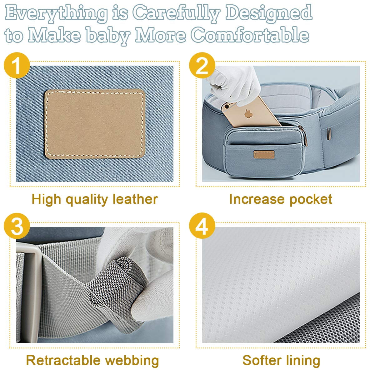Scafild | 6-in-1 Baby Carrier with Waist Stool Hip Seat for Breastfeeding Newborn Infant Toddler - Blue