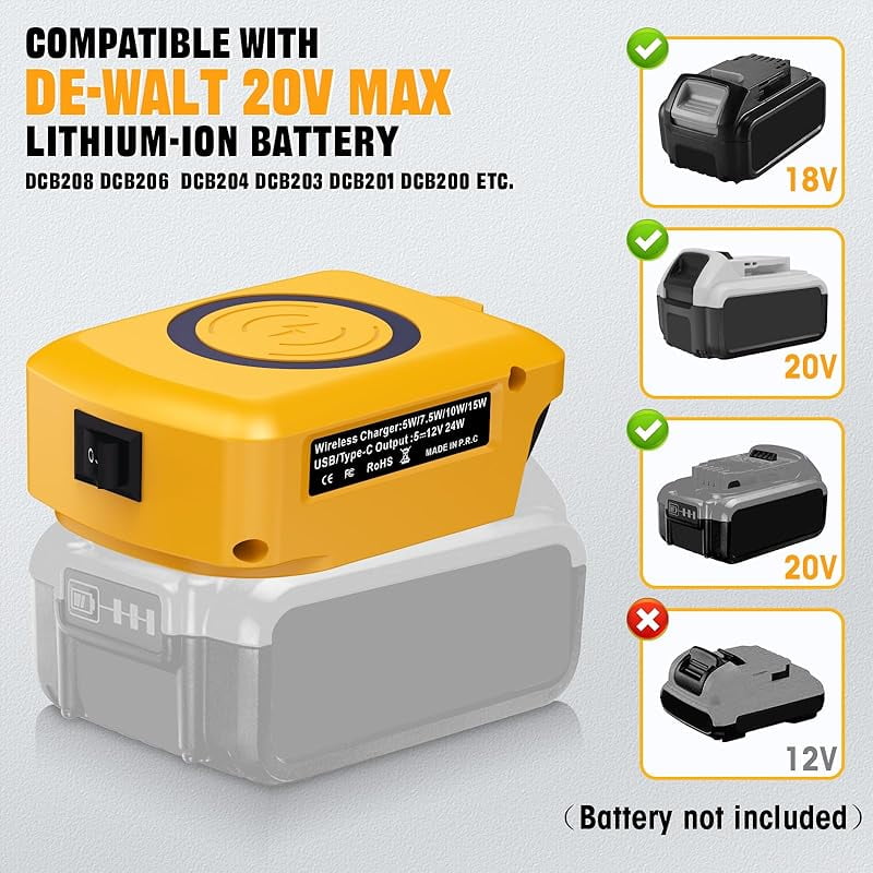 Wireless Charger Adapter,for De*walt 20V Battery,15W Max Wireless Charging Adapter for iPhone for Cell Phone,with USB-A&USB-C 2.1A Fast Charge Ports,Wireless Chargers Using Tool Battery