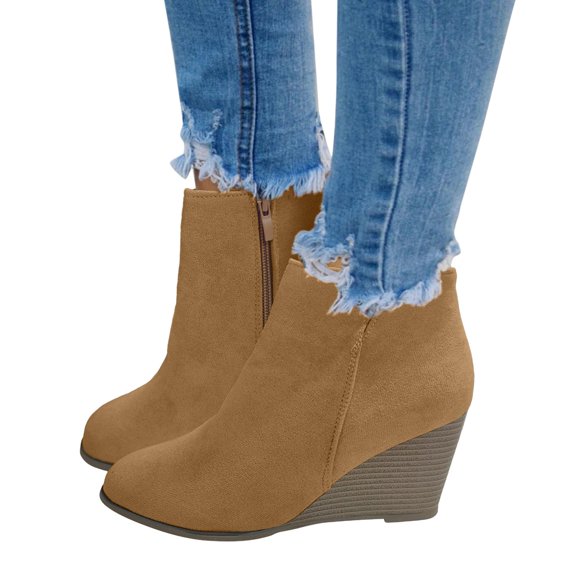 UTTOASFAY Fashion Women Suede Wedges Zipper Boots Solid Color Short Booties Round Toe Shoes Brown 8(39)