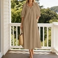 thumbnail image 6 of Karymi Solid Casual Midi Dress, V-Neck Scalloped Lace Trim Elbow Sleeve Shift Long Dress with Side Pockets, Beach Vacation Sundress Spring Dresses, 6 of 7