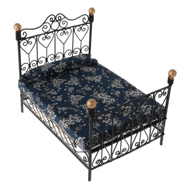 Cama Doble de Estilo Europeo para Casa de Muñecas 1/12 con Accesorios de Decoración , Negro, Tamaño de la cama (L X W X H): 16 x 11.5 x 13 cm