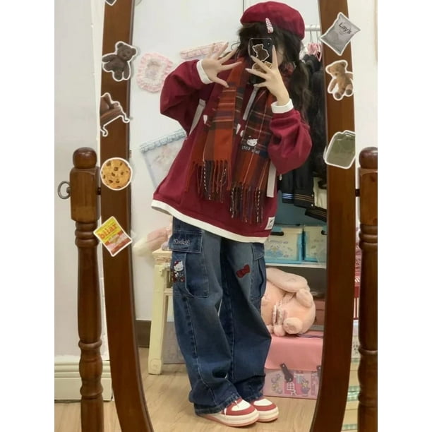 Pantalones Y2k bordados de Hello Kitty para niña de Sanrio, pantalones vaqueros para estudiantes, pantalones cargo, ropa de calle para mujer, pantalones deportivos de estilo coreano para mujer