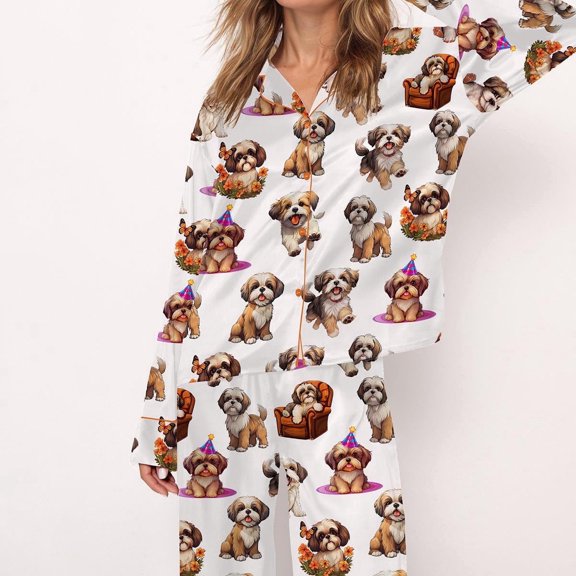 SheShow Shih Tzu Charm Print Silky Casual Long Sleeve Pajama Set for Women, White, S