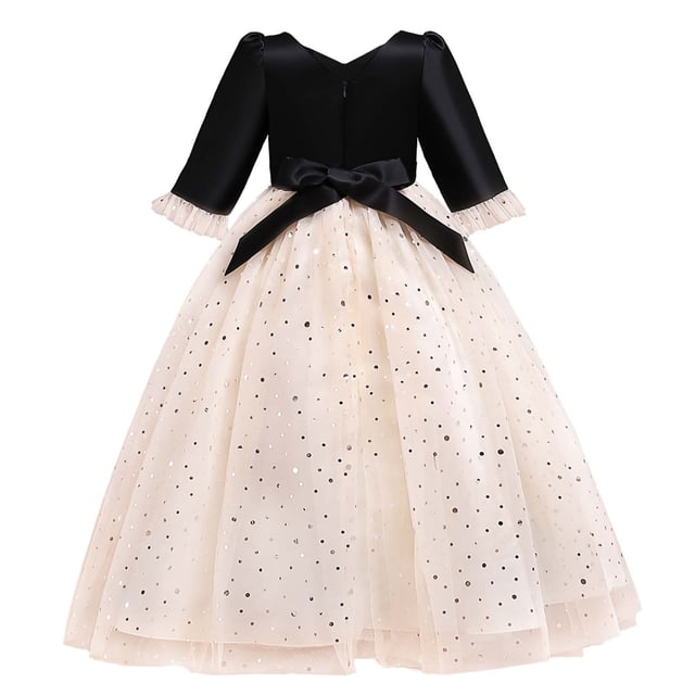 Vestido Para Niñas Ropa Para Niñas Bebés Vestido Para Niños Vestido De Princesa De Manga Larga Pajarita Vestido De Malla De Encaje Vestido De Pastel Beige Odeerbi LM103-2304