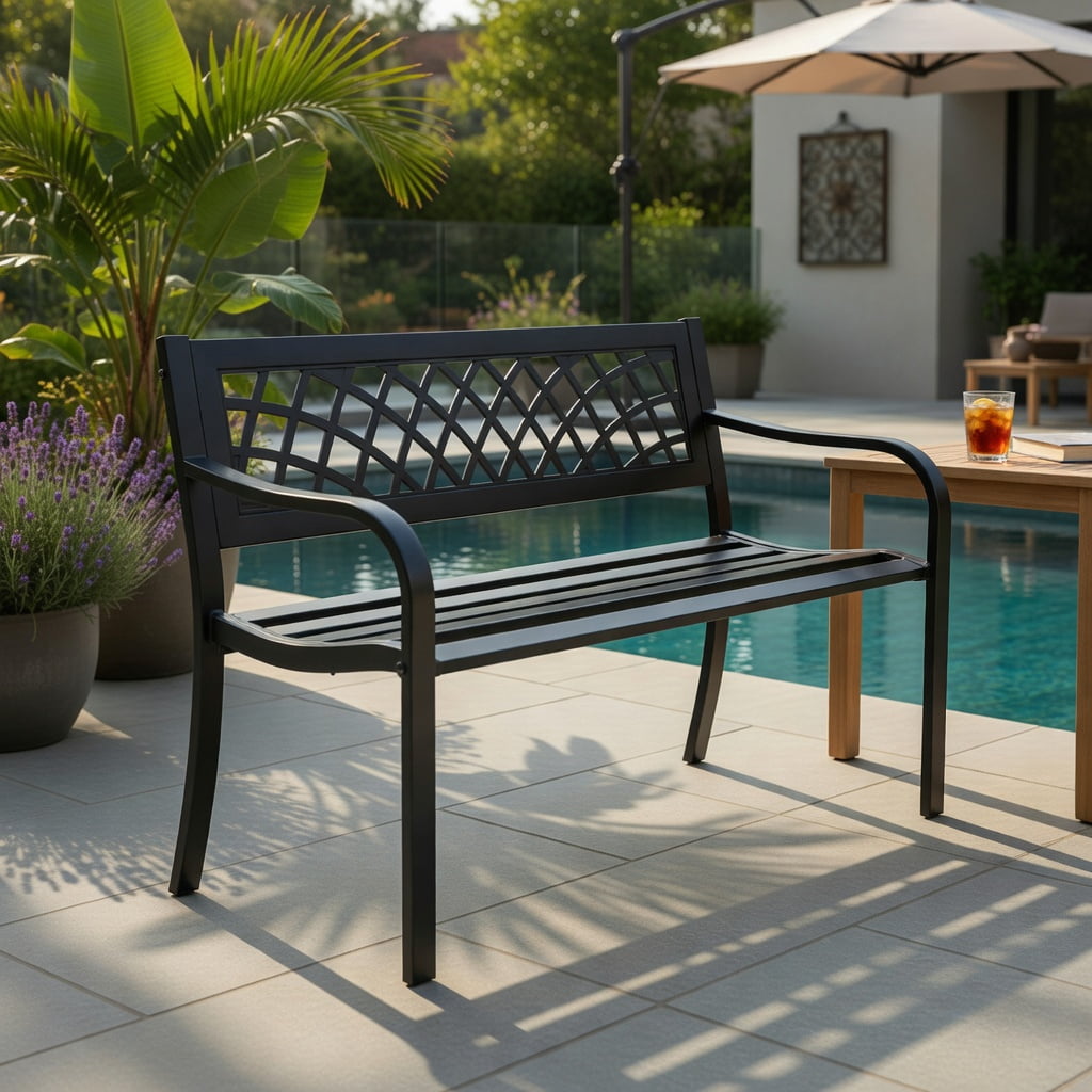 Hommoo Heavy-Duty Outdoor Bench Deck with Powder-Coated Steel Frame & PVC Mesh Backrest, Sturdy Patio Seating for Garden, Deck or Yard, Black