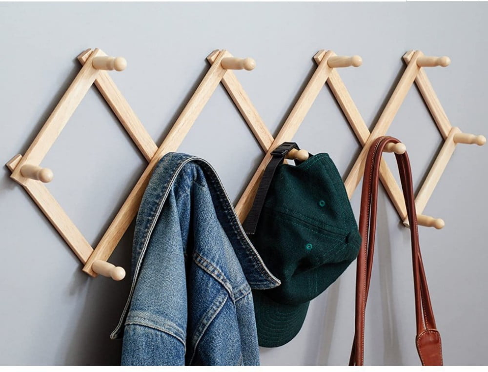 Wood Expandable Peg Rack- Trianu Multi-Purpose Accordion Wall Hangers with 10 Hooks for Hats, Coat, Coffee Mugs, Scarf, Jewelry Storage, Size: 12.59 x