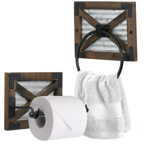 Autumn Alley Farmhouse Toilet Paper Holder and Towel Ring Holder with Bracket, Wall Mount, 2 Set - Farmhouse Wall Toilet Paper Holder and Bathroom Hand Towel Holder Wodden Decor, Brown