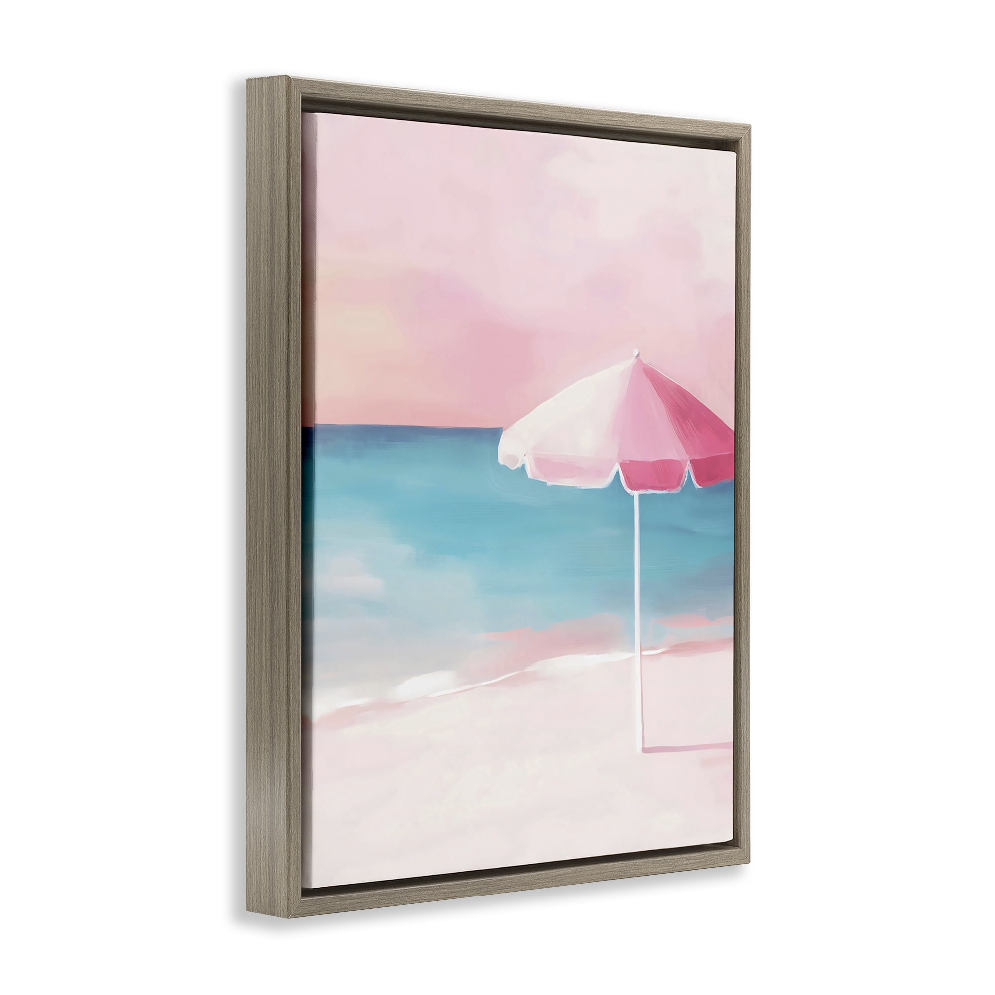 Stupell Industries Serene Pink Beach Umbrella Brown Framed Floater Canvas Wall Art, design by The Prints Vibe