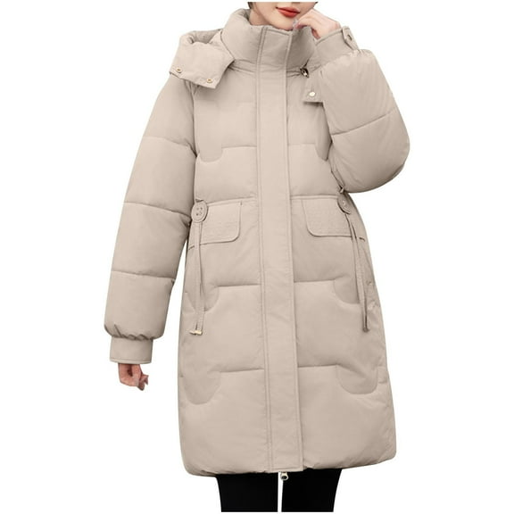 Busydd Winter Coats for Women Solid Color Puffer Jacket Fashion Warm Zip Up Down Jacket Casual Long Cotton Winter Jackets with Hood
