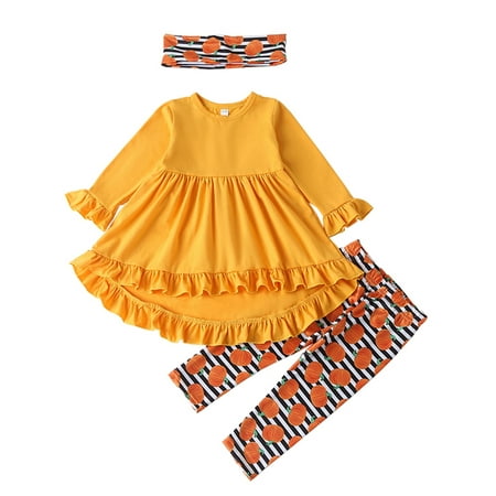 

ZIYIXIN Toddler Baby Girl Halloween Outfit Flare Long Sleeve Ruffle Top Pumpkin Print Pants Headband 3Pcs Clothes Orange 2-3 Years