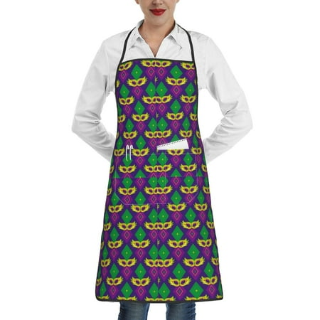 

Qekee Mardi Gras Carnival3 Print Adjustable Bib Apron Resistant with Pocket Cooking Kitchen Aprons for Women Men Server Chef Apron