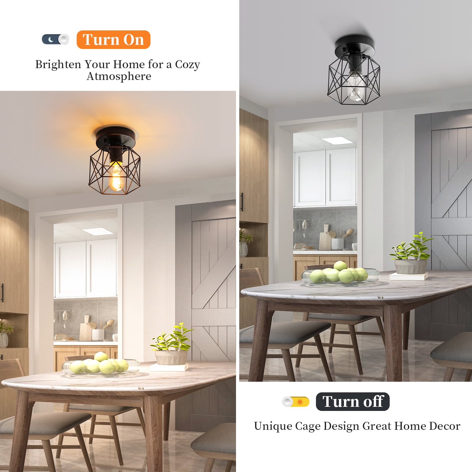 Industrial Metal Cage Flush Mount Ceiling Light Fixture - E26 for Kitchen and Bedroom Lighting