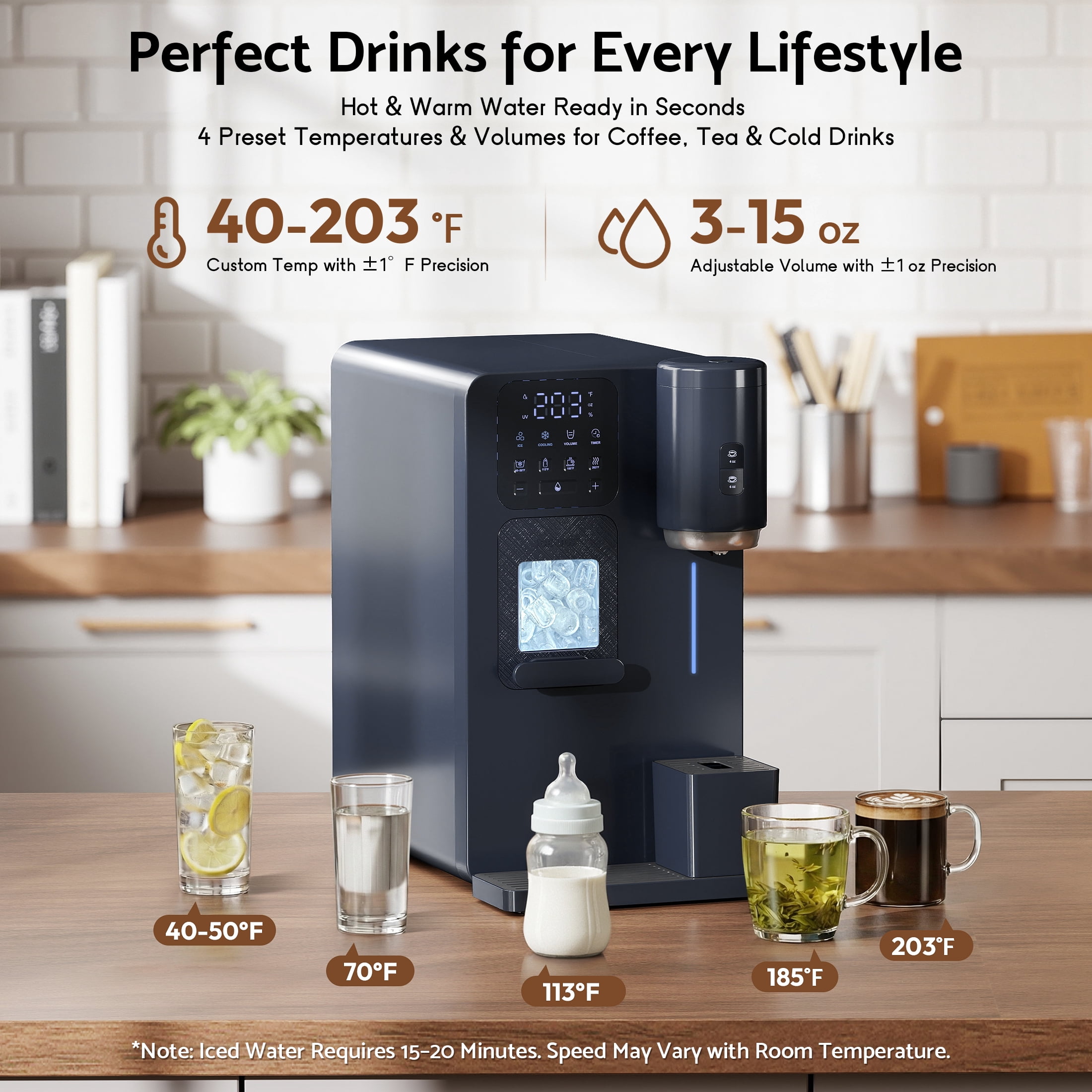 Flamemore 3-in-1 Countertop Water Dispenser with Ice Maker, Drip Coffee Maker, Hot/Cold Water & Bullet Ice, Self-Cleaning, UV Sterilization