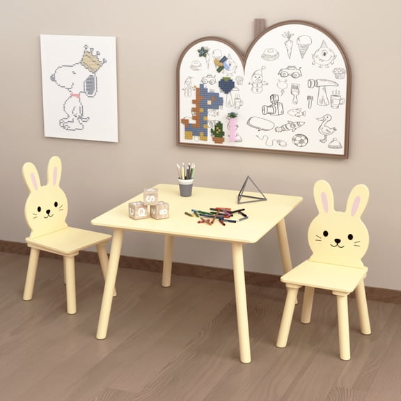 Noble House Kids Table and 2 Bunny Chairs Set, Wooden Toddler Activity Play and Study Table, Kid Room, Cream Yellow
