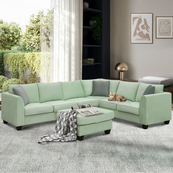 L-shaped Sectional Sofa with Removable Ottoman, Modern Fabric Upholstered Corner Sofa Couch with 3 Pillows and Cushion Back, 7-Seater Sofa Set for Living Room, Green