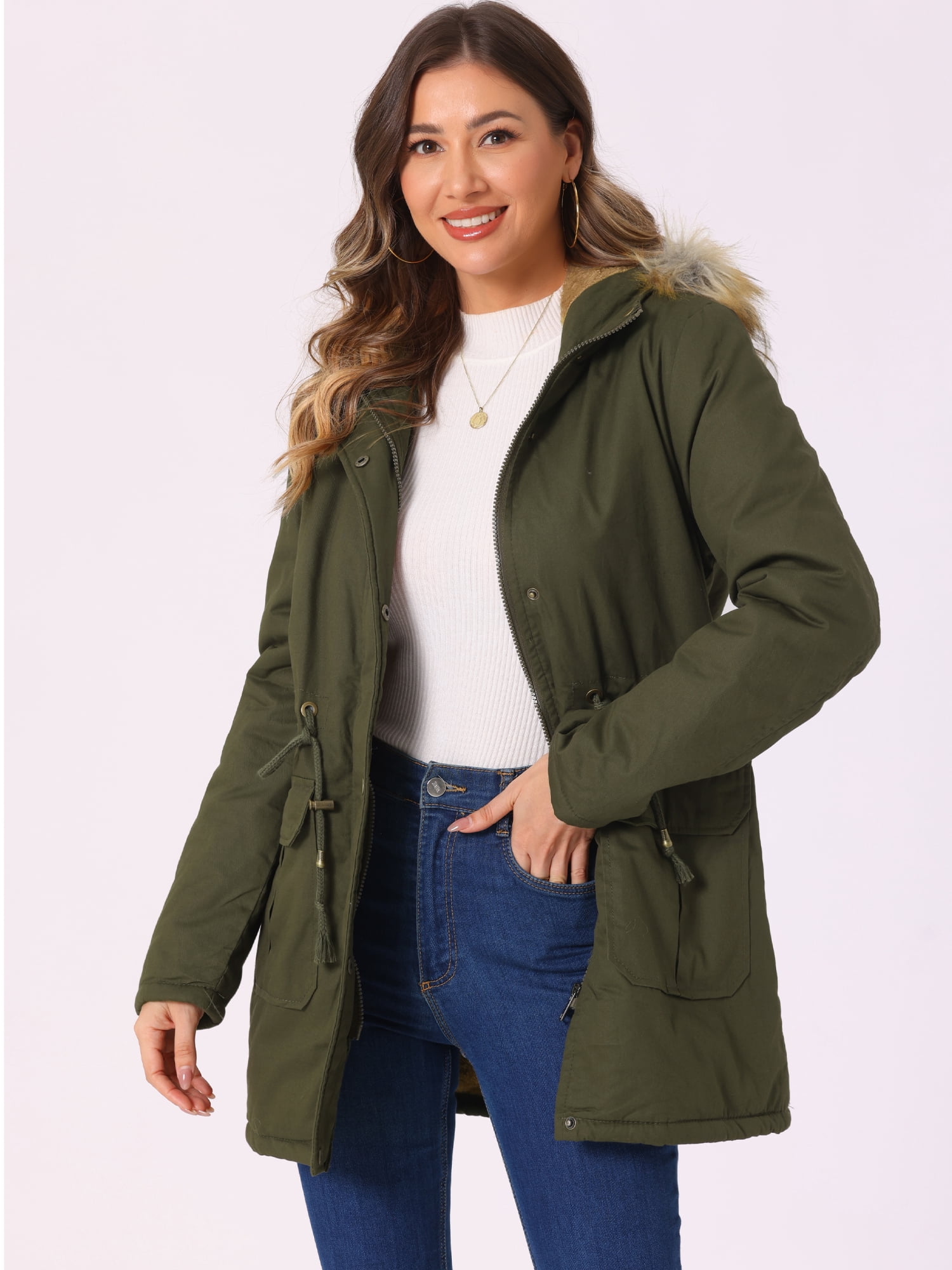 Unique Bargains Women Windproof Winter Parka Puffer Coat with Faux Fur Hood S Army Green