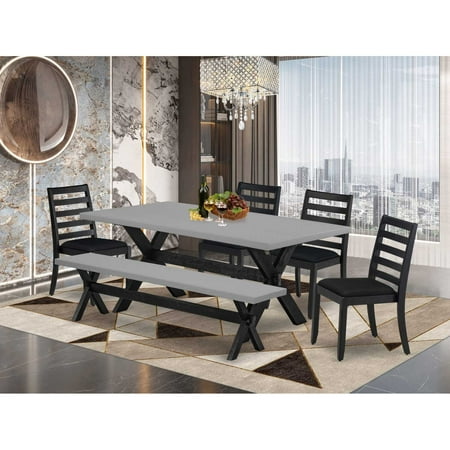 East West Furniture X697X1624-6 - 6-pc dining set - a dining table & a bench & 4 stackable dining chairs with Black Linen Fabric - Wire-brushed Black