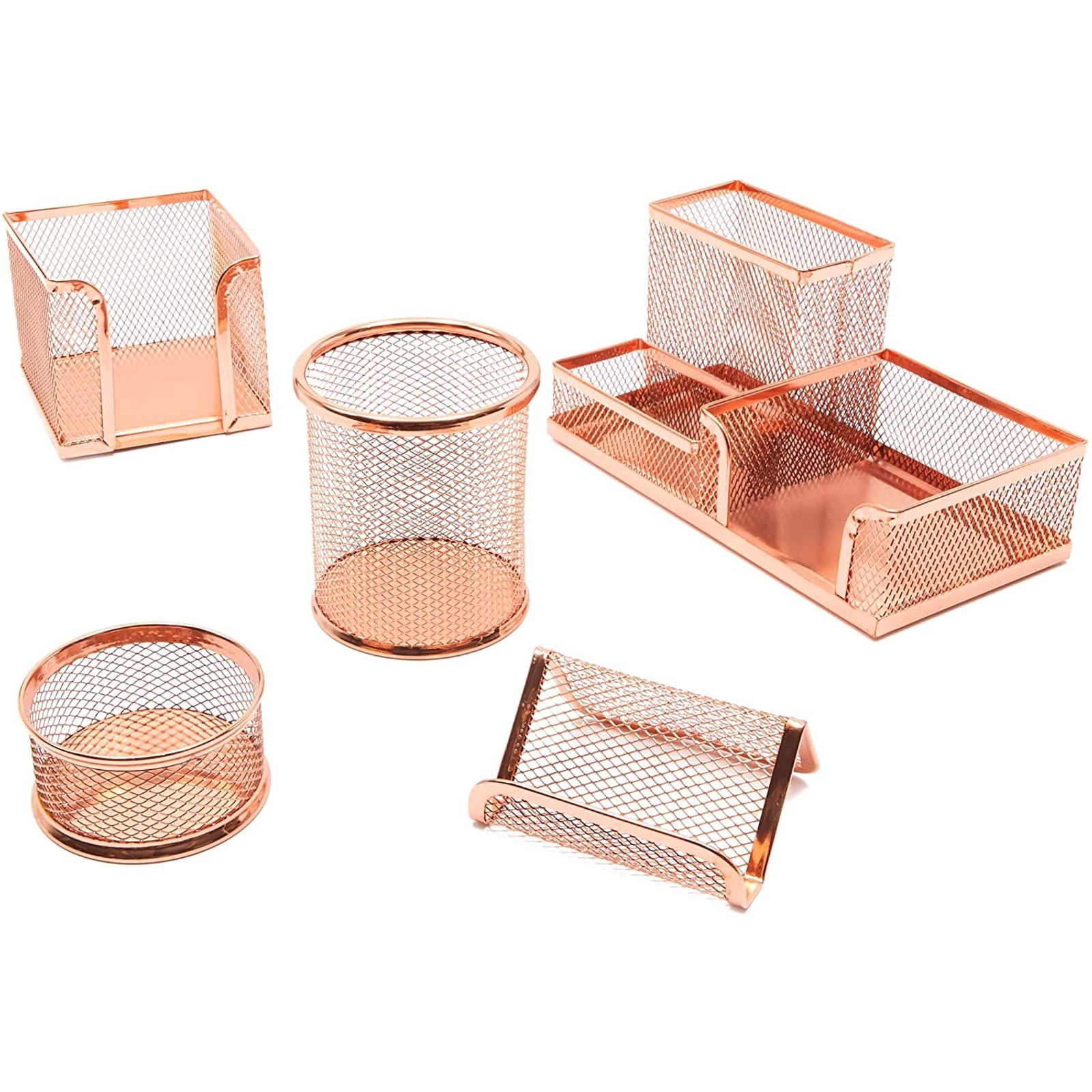5 Pcs Set Rose Gold Mesh Desk Organizers Storage with Pencil Cup, Holder for Pen, Sticky Note and Clips, Office Supplies Vanity Accessories