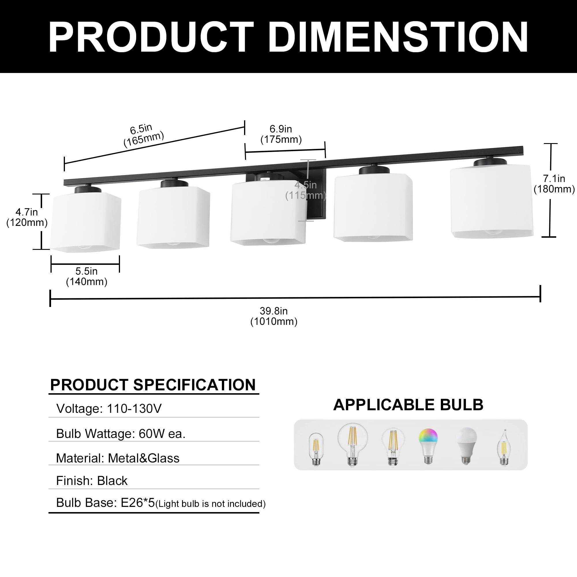 YANSUN 5-Light Bathroom Light Fixture with Milk Glass Shades , Modern Stylish Black Vanity Lighting Fixtures For Bathroom, E26 Bulb Base
