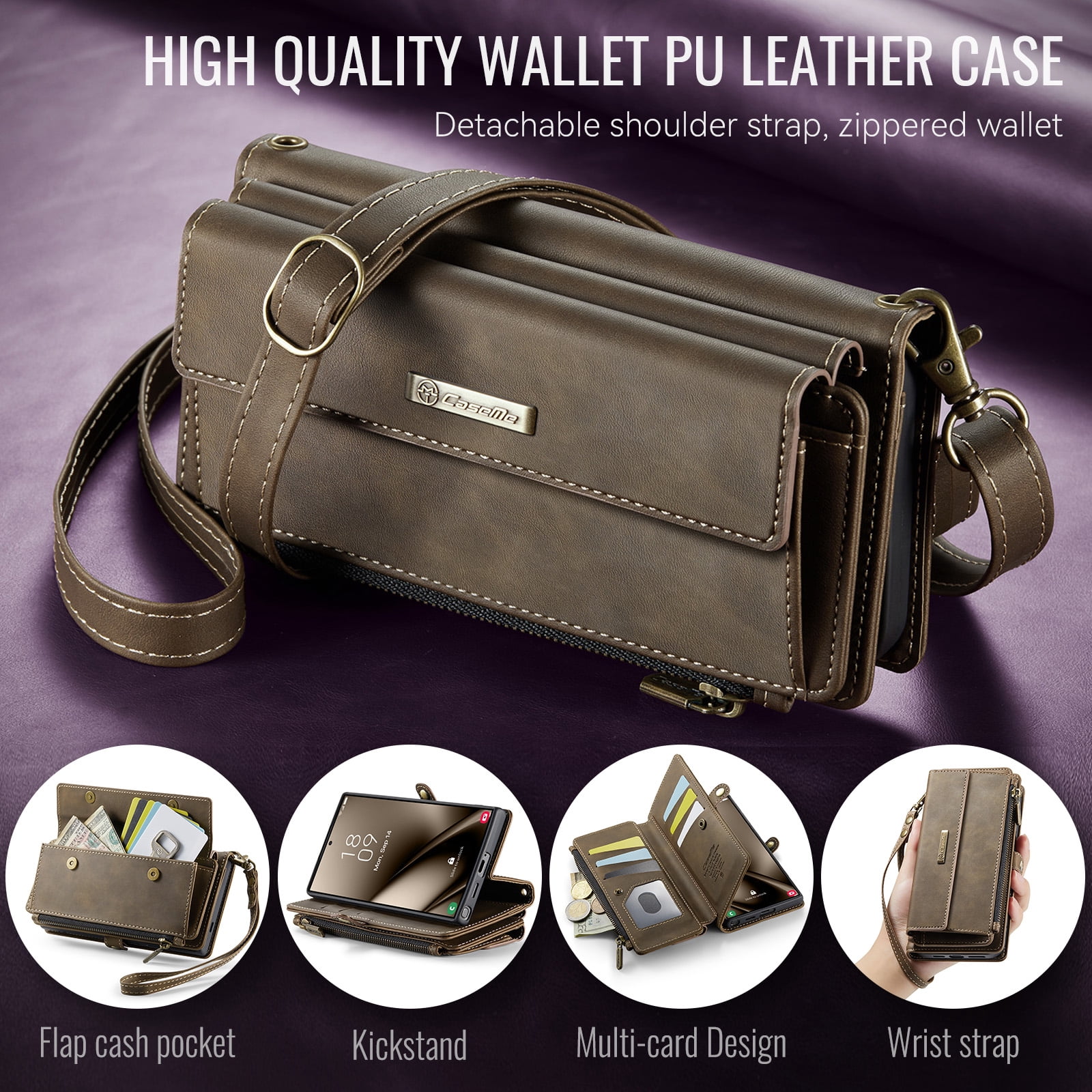 Decase Wallet Case for Samsung Galaxy S25 Ultra,Magnetic Flip Zipper Pocket PU Leather Phone Cover,Crossbody Flip Cover with RFID Card Slots,Coffee