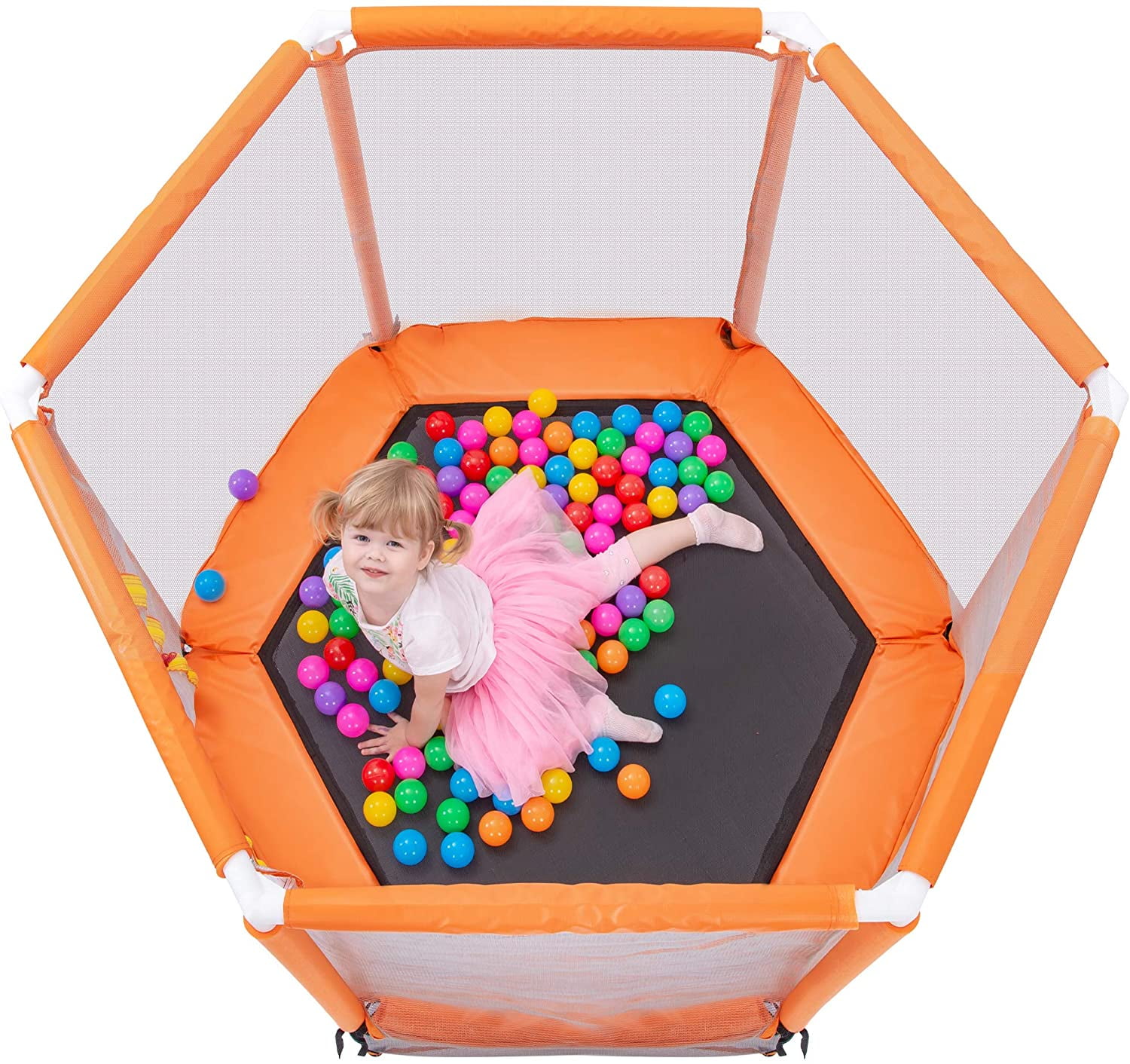 Kids Trampoline 55inch with Safety Enclosure Net & Spring Pad and Ball Pit Ball, Indoor Outdoor Mini Trampoline for Toddlers - Orange
