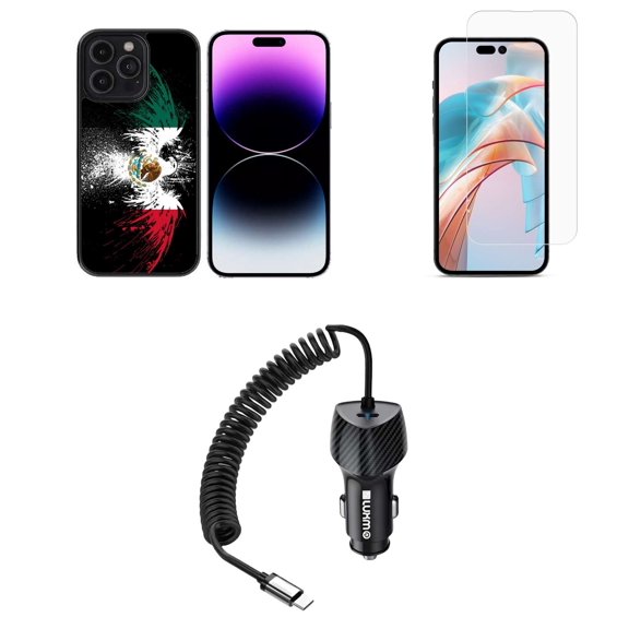 Bemz Phone Case for iPhone 15 Bundle with Lightweight Shockproof Scratch Resistant UV Print Protective TPU Cover, Glass Screen Protector, 40W Car Charger (USB-C Port) - 5 Foot (Mexico Eagle)