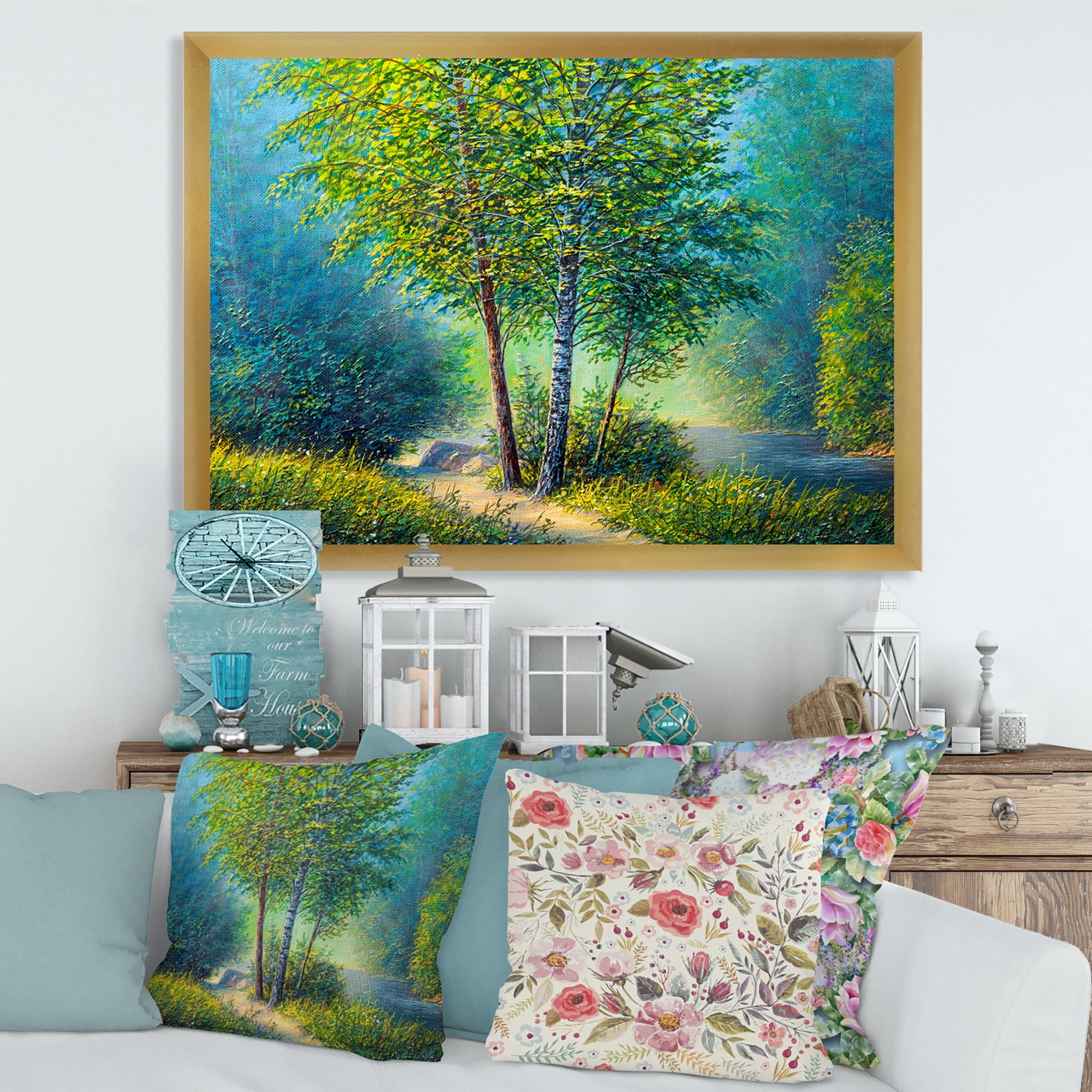 Designart 'Three Vibrant Green Trees By The River' Lake House Framed Art Print