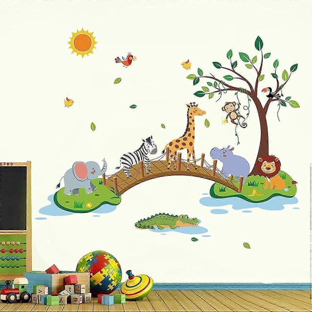 Vinilos decorativos de animales de la selva: Elefante, jirafa y león en un puente. Decoración de pared para dormitorio infantil o de bebé.