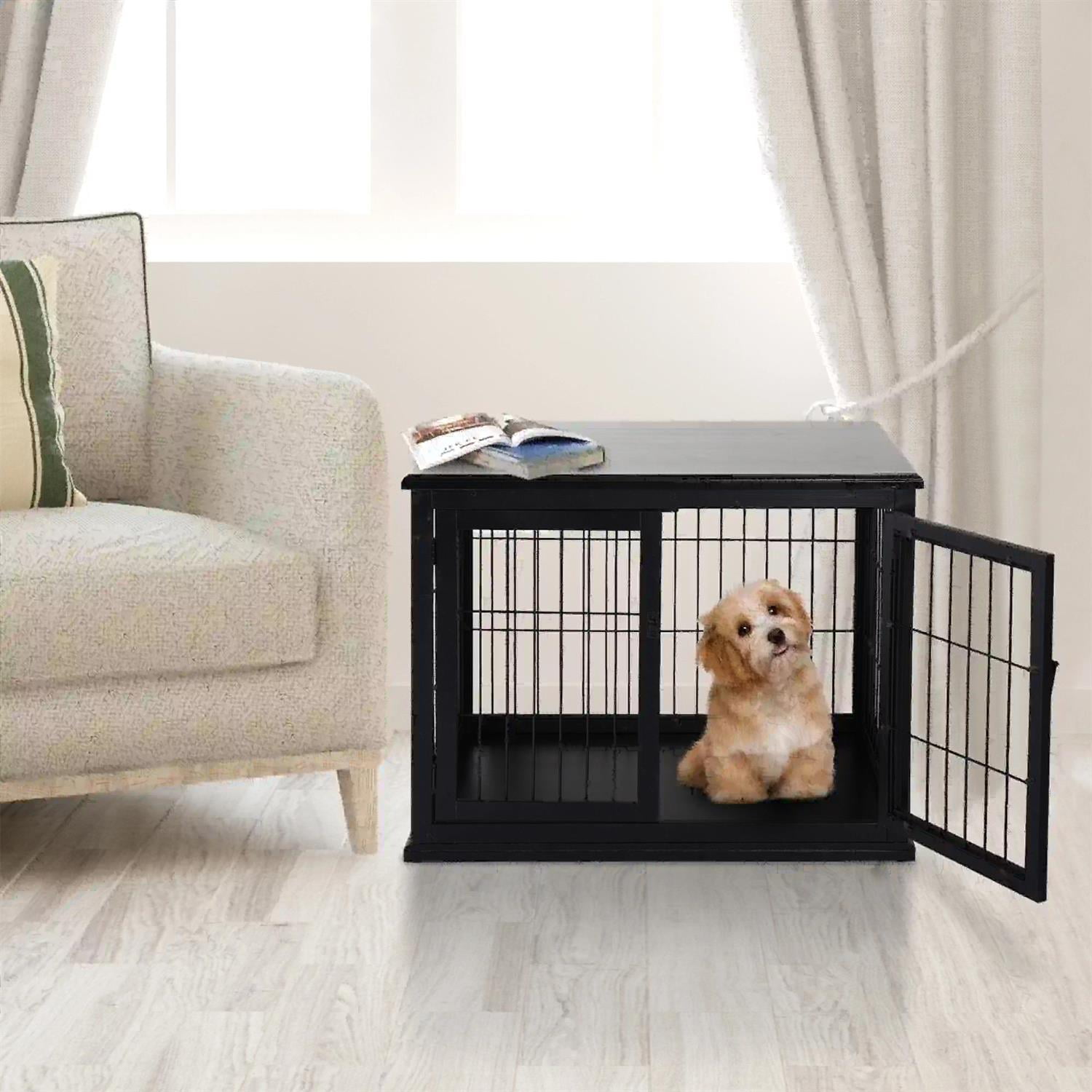 Pefilos 23" Dog Crate Furniture with Two Opening Sides, Lockable Door, Wooden Puppy Kennel Table, Indoor Dog House for Small Dogs, Black