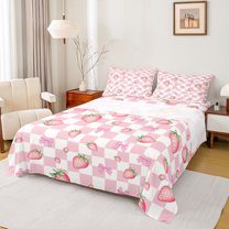 Homewish Pink Fruit Strawberry 4-Piece Full Size Sheets For Children Teens Girls,Kawaii Plaid Bow Bed Sheets,Geometric Grid Lightweight Sheet Sets,Luxury Bedroom Decor