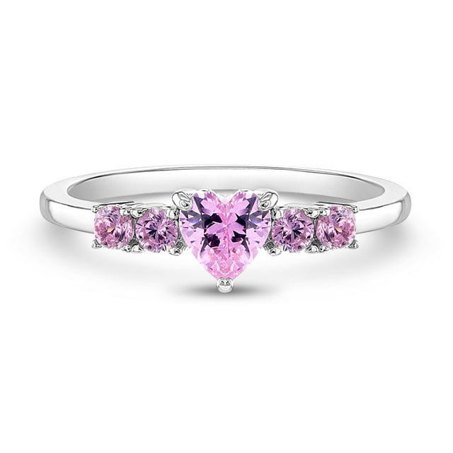 925 Sterling Silver Girl's Size 4 Shiny Pink Round & Heart Cubic Zirconia Ring