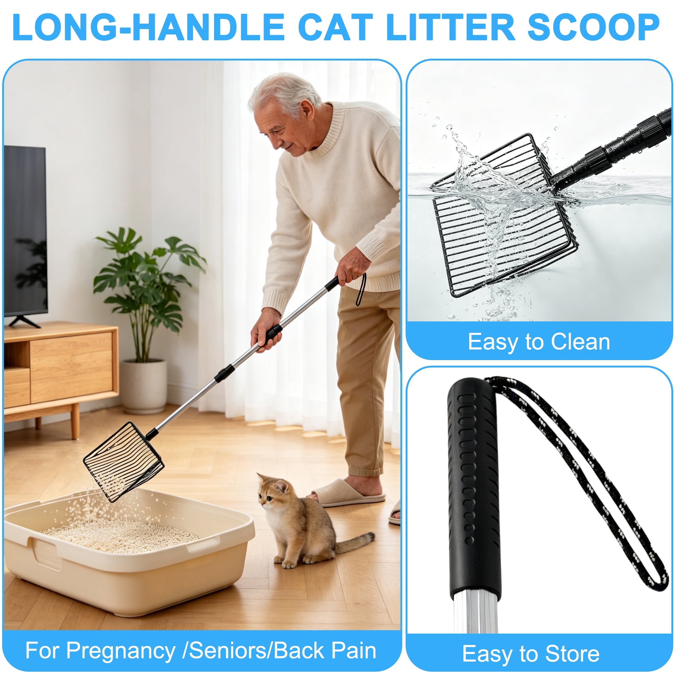 Cat Litter Scoop, 42" Long Handle Cat Scooper with Deep Shovel, Adjustable Extendable Metal Litter Scooper for Litter Box Pet Poop Shovel Chicken Poop Scooper