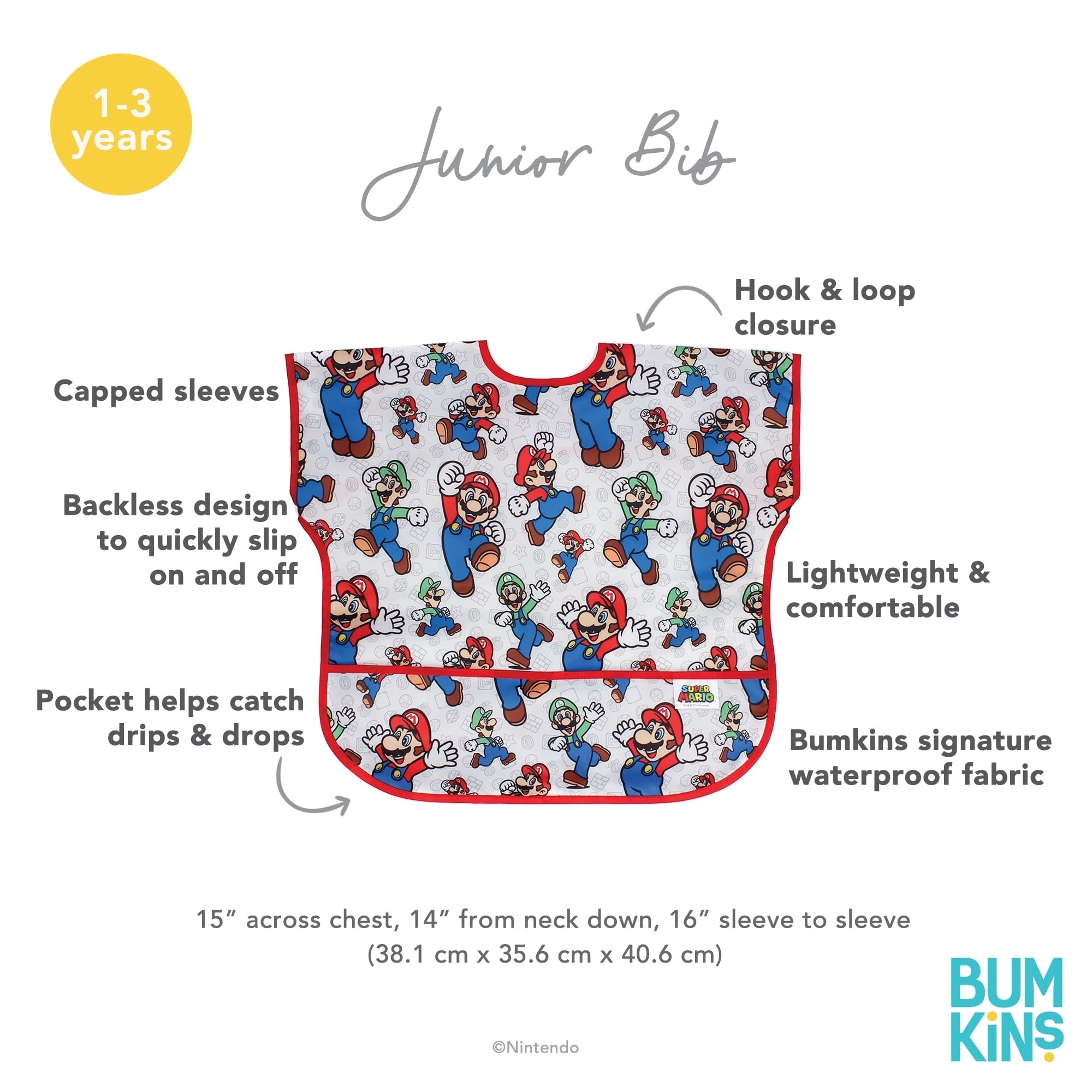 Bumkins Short Sleeve Junior Bib, Toddler Ages 1-3 Years (Nintendo Super Mario)