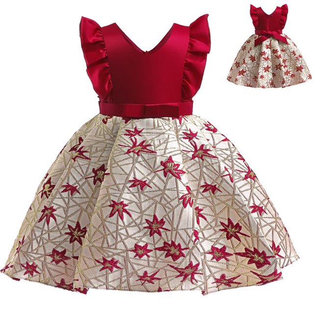 Robe de Fête de Mariage Brodée Feuille d'Érable à Volants pour Filles 2-9 Ans