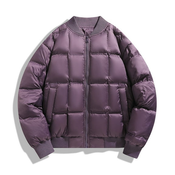 LMOIPLI Men's Quilted Thicken Down Coats Solid Color Long Sleeve Fashion Zip Up Coats Winter Warm Loose Stand Collar Jacket with Pockets Purple XXXL