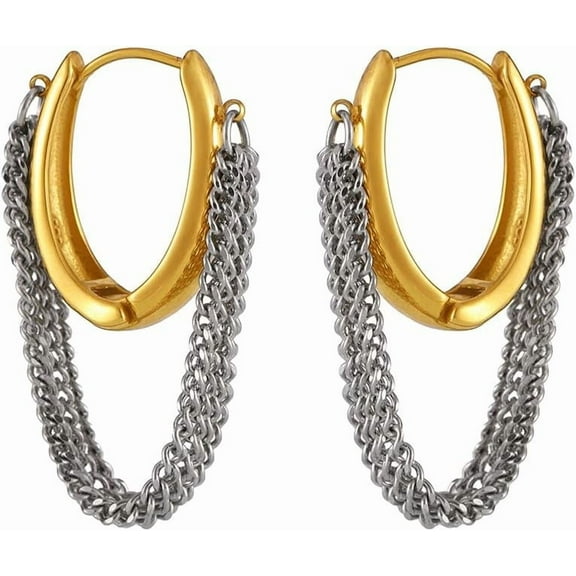 Chain Tassel Round Dangle Hoop Earrings for Women Stainless Steel Huggie Hoops Earrings Geometric Thick Chains Dangling Charm Hinged Earrings Jewelry