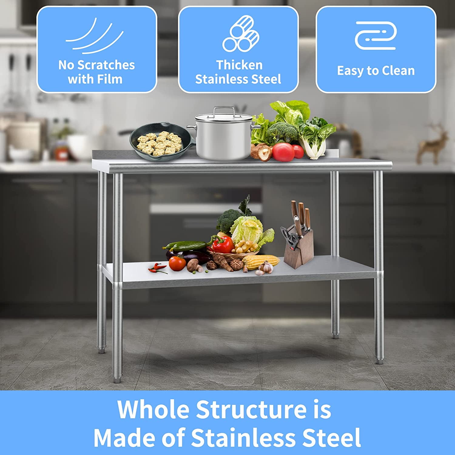 AINUO 30'' x 24'' Stainless Steel Prep & Work Table, Commercial Workstation with Adjustable Undershelf and Backsplash, Heavy Duty Metal Table for Kitchen, Restaurant, Home and Hotel