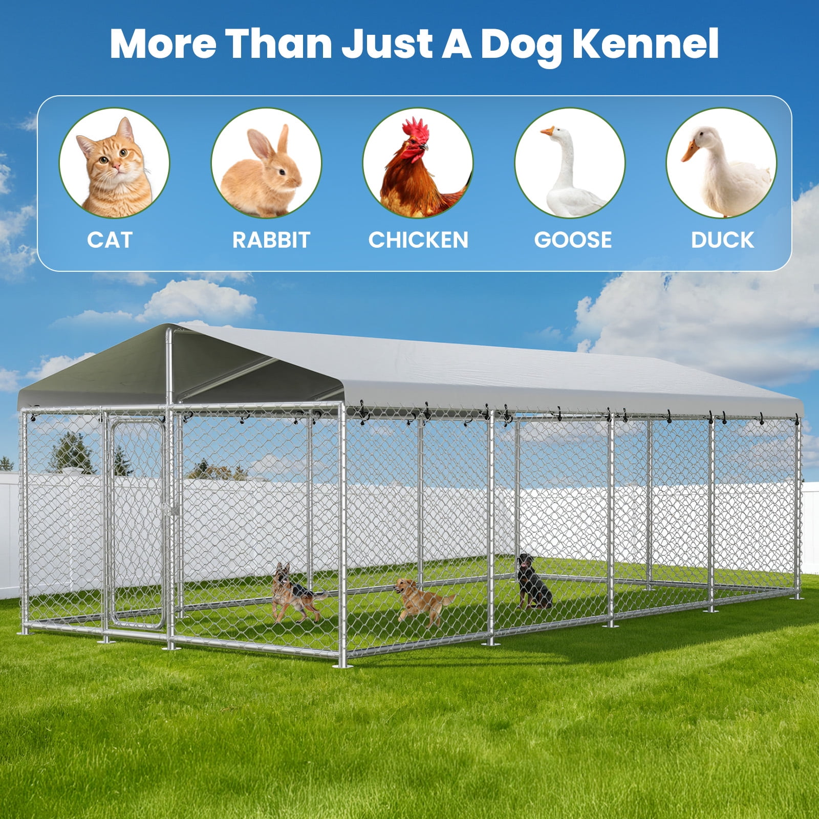 YOKWOK 20x10ft Outdoor Dog Kennel Heavy Duty Metal Dog Pet Enclosure, with Galvanized Steel Fence and Metal Gate, UV Waterproof Sun Resistant Roof Cover and Secure Lock