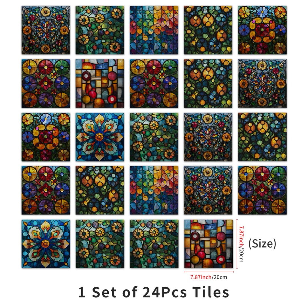 24Sheets Tile Wall Sticker Kitchen Backsplash 7.87" x 7.87" Removable Waterproof PVC Multicolor Flowers DIY Decals Peel and Stick Tiles