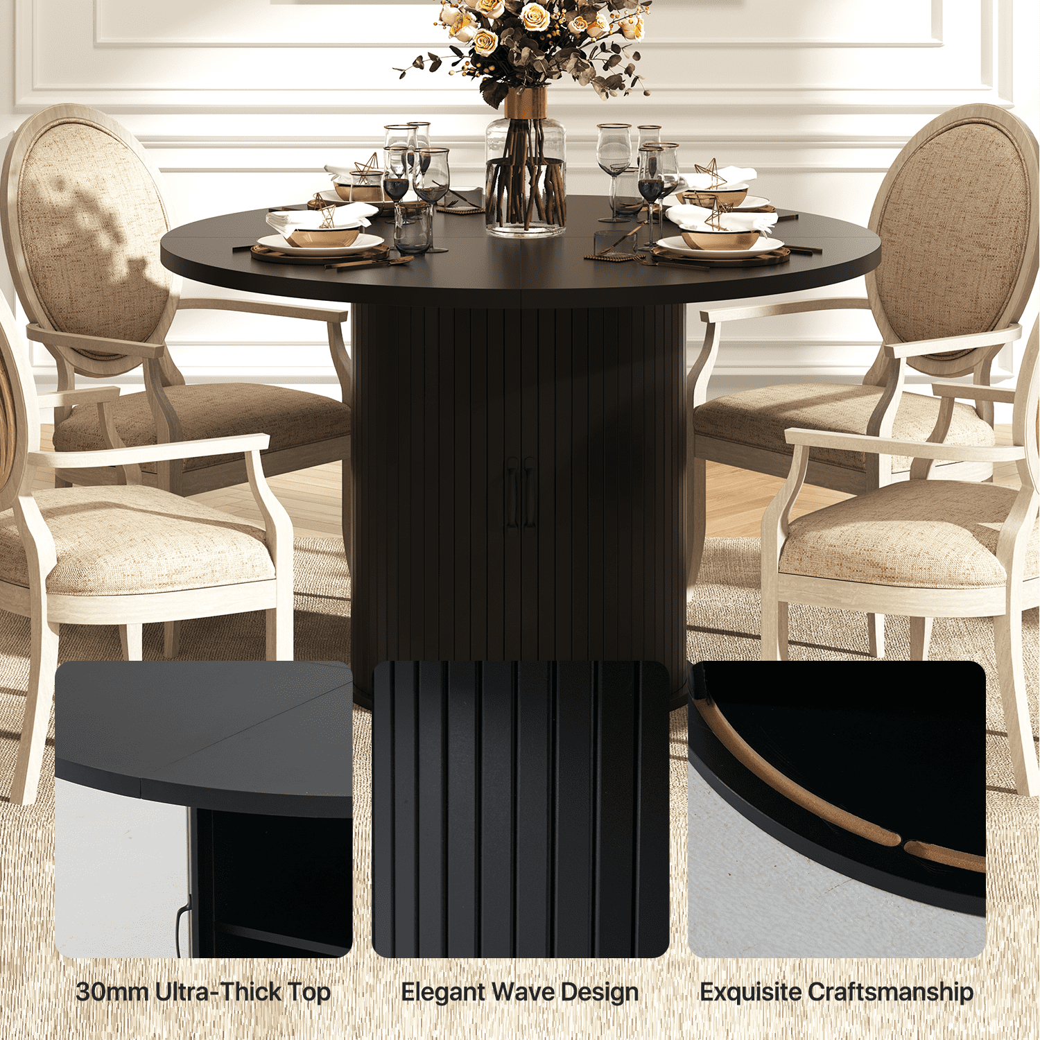 Sonegra 47“ Round Dining Table with Storage, Modern Fluted Circle Kitchen Table with 2-Layer Storage and Sliding Door, for Kitchen Living Room, Black