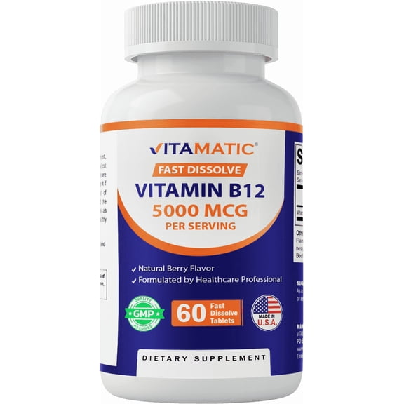 Vitamatic Vitamin B12 5000 mcg – 60 Fast Dissolve Tablets Berry Flavor – Supports Energy Production & Nervous System Health – Non-GMO, Gluten-Free