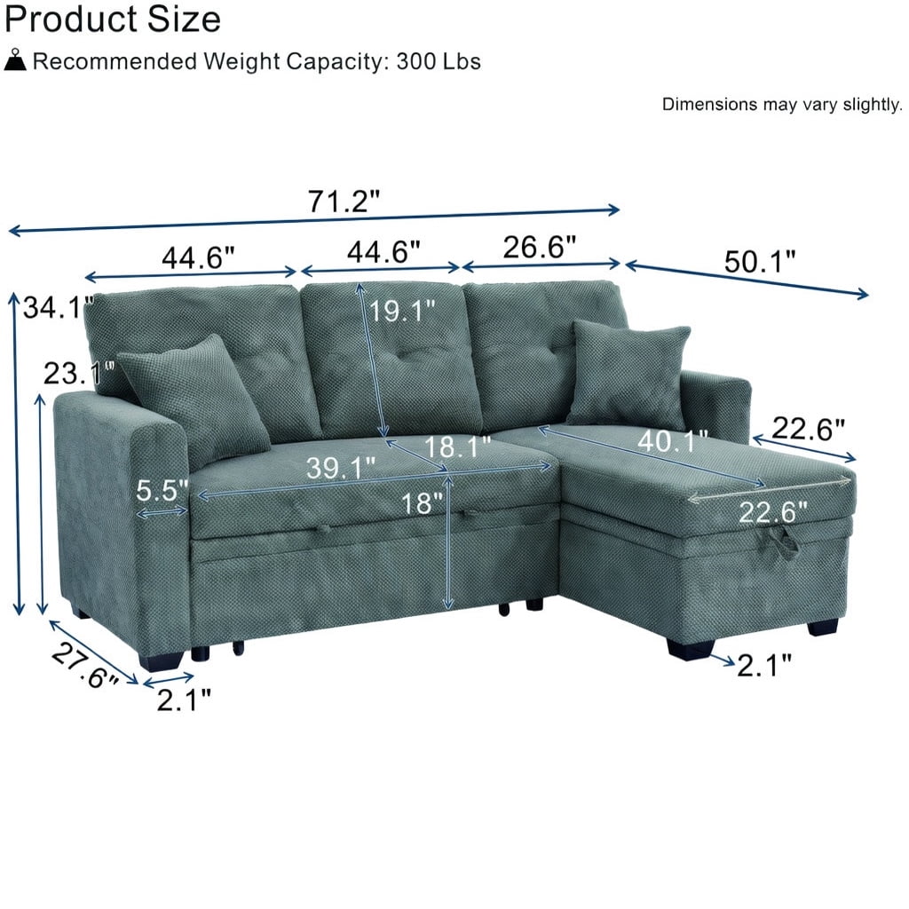 Hommoo Mid-Century Modern L-Shaped Sleeper Sectional Sofa with Pull-Out Bed, Reversible Chaise & Hidden Storage, Convertible Living Room Furniture for Small Spaces, Light Gray