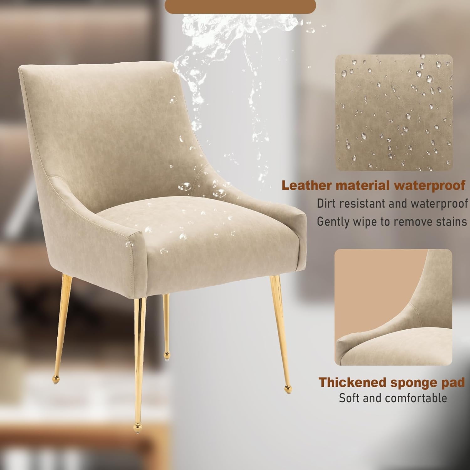 SEYNAR Modern Glam PU Leather Dining Chair or Vanity Chair Set of 2 with Rear Handle(Dark Apricot)