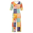 thumbnail image 4 of Baggy Jumpsuits For Women Summer Short Sleeve Overalls V Neck Loose Wide Leg Floral One Piece Rompers With Pockets Orange L, 4 of 6
